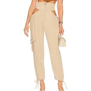 Khaki cutout cargo tan drawstring pants